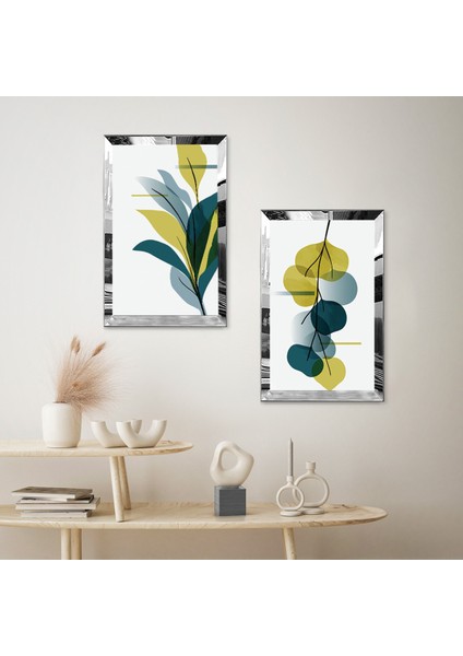 Gümüş Aynalı Pleksi Çerçeveli Modern Renkli Dekoratif Bitkiler Ikili Mdf Tablo Seti fiyatları
