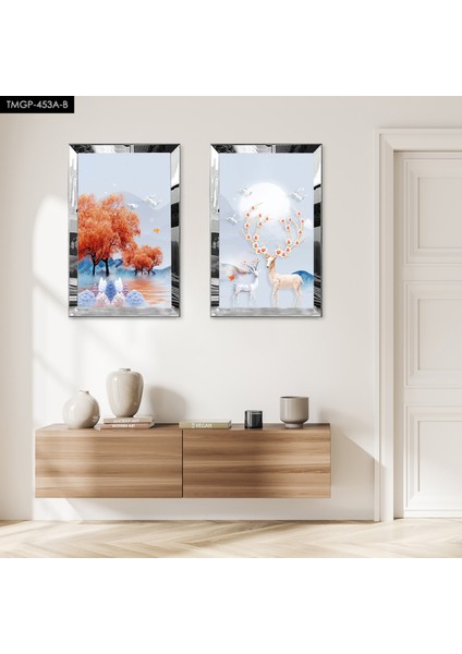 Gümüş Aynalı Pleksi Çerçeveli Geğik ve Turuncu Ağaçlar Dekoratif Ikili Mdf Tablo Seti