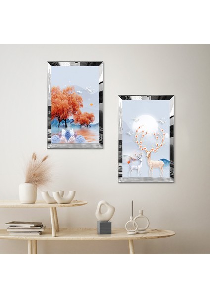 Gümüş Aynalı Pleksi Çerçeveli Geğik ve Turuncu Ağaçlar Dekoratif Ikili Mdf Tablo Seti fiyatları