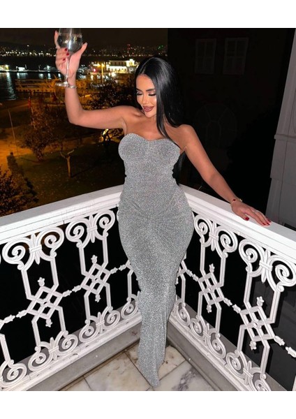 Straplez Simli Uzun Elbise