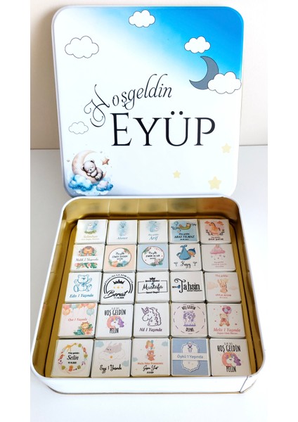 Kişiye Özel Çikolata Kutusu 50’li – Hoş Geldin Bebek, Doğum Günü ve Sünnet Hediyelik metal kutu