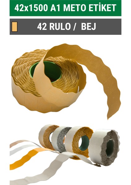 42X1500 Meto Etiket | A1 | 42 Rulo | Bej | Tekstil, Konfeksiyon | Ürün Etiketi | Yapışkanlı