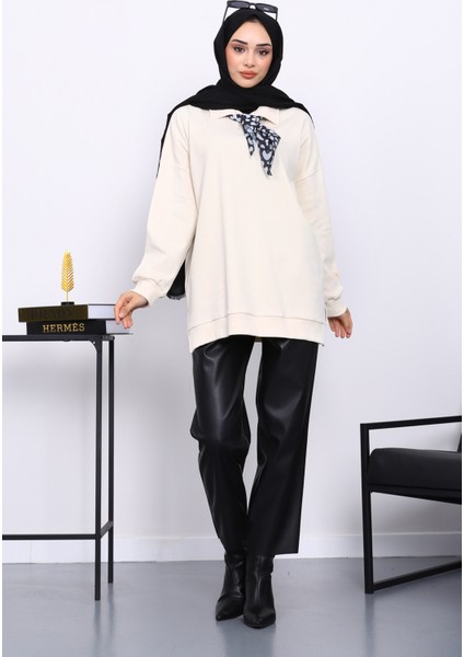 Krem Fular Detaylı Yakalı Tunik fiyatları
