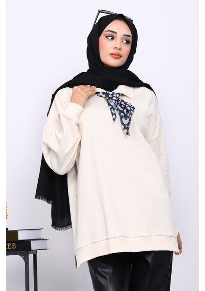 Krem Fular Detaylı Yakalı Tunik modelleri