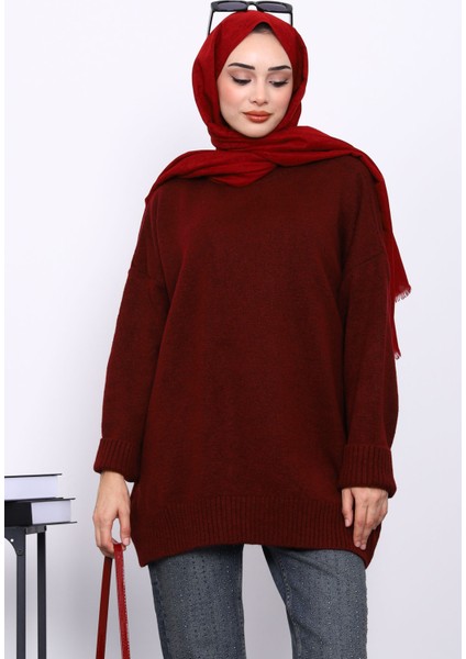 Bordo Dik Yaka Oversize Triko Kazak
