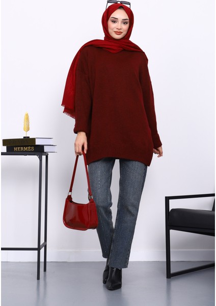 Bordo Dik Yaka Oversize Triko Kazak fiyatları