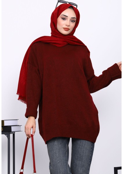 Bordo Dik Yaka Oversize Triko Kazak modelleri