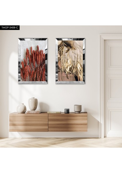 Gümüş Aynalı Pleksi Çerçeveli Beyaz Arka Planlı Kurutulmuş Çiçek Dekoratif Ikili Mdf Tablo Seti