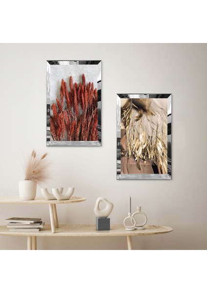 Gümüş Aynalı Pleksi Çerçeveli Beyaz Arka Planlı Kurutulmuş Çiçek Dekoratif Ikili Mdf Tablo Seti fiyatları