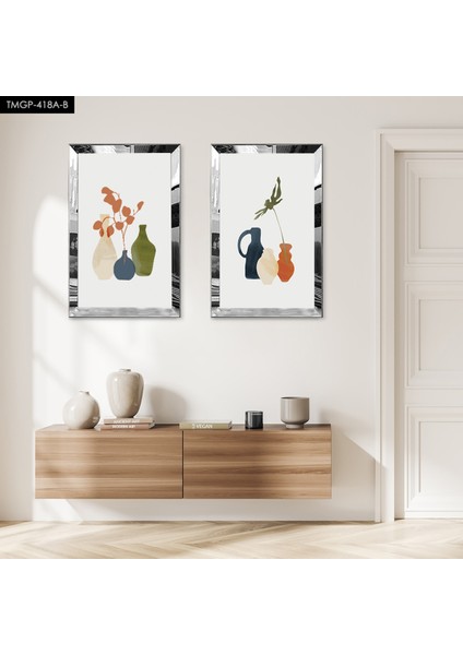 Gümüş Aynalı Pleksi Çerçeveli Beyaz Arka Planlı Dekoratif Renkli Vazolar Ikili Mdf Tablo Seti