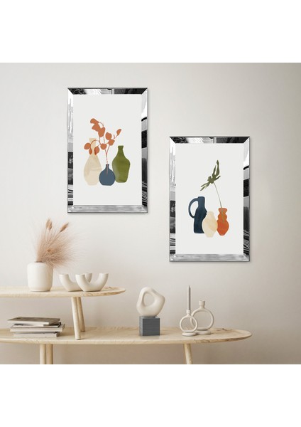 Gümüş Aynalı Pleksi Çerçeveli Beyaz Arka Planlı Dekoratif Renkli Vazolar Ikili Mdf Tablo Seti fiyatları