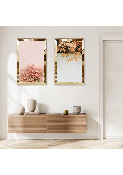 Gold Aynalı Pleksi Çerçeveli Pembe ve Beyaz Çiçekler Dekoratif Ikili Mdf Tablo Seti