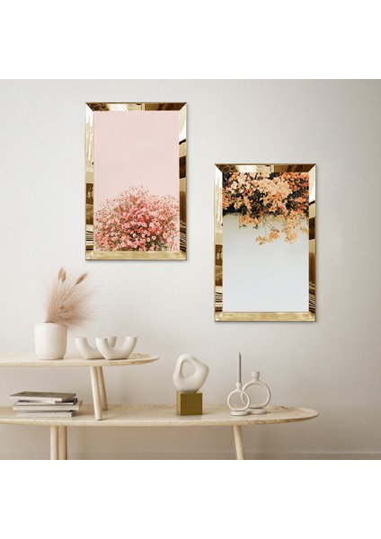 Gold Aynalı Pleksi Çerçeveli Pembe ve Beyaz Çiçekler Dekoratif Ikili Mdf Tablo Seti fiyatları