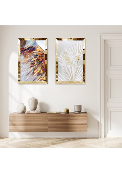 Gold Aynalı Pleksi Çerçeveli Soyut Modern Çiçekler Ikili Mdf Tablo Seti