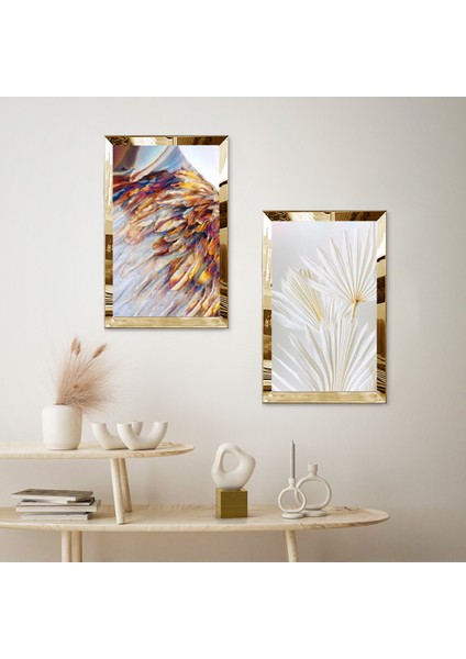 Gold Aynalı Pleksi Çerçeveli Soyut Modern Çiçekler Ikili Mdf Tablo Seti fiyatları