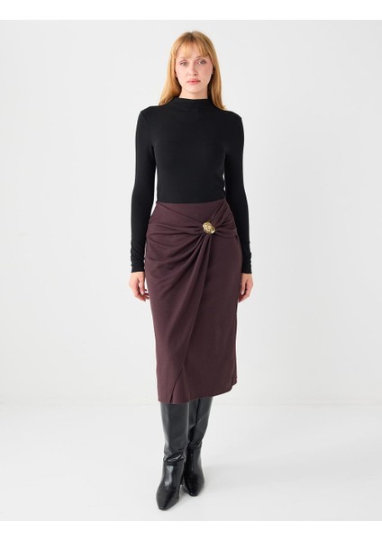 Acı Kahve Normal Bel Aksesuar Detaylı Örme Midi Etek