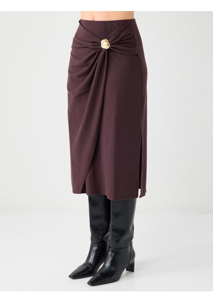 Acı Kahve Normal Bel Aksesuar Detaylı Örme Midi Etek fırsatları