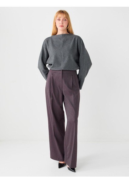 Mürdüm Bol Paça Rahat Kesim Yüksek Bel Dokuma Pantolon