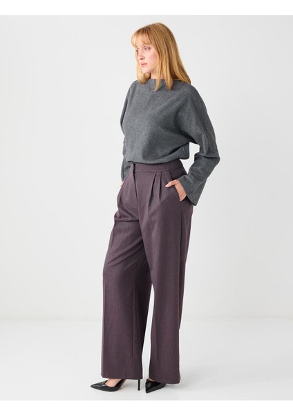 Mürdüm Bol Paça Rahat Kesim Yüksek Bel Dokuma Pantolon fiyatları