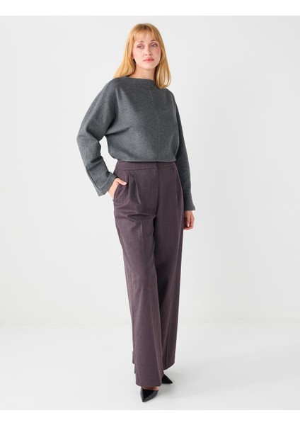 Mürdüm Bol Paça Rahat Kesim Yüksek Bel Dokuma Pantolon modelleri