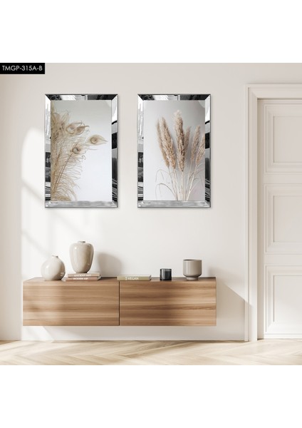 Gümüş Aynalı Pleksi Çerçeveli Gri Arka Planlı Kurutulmuş Çiçekler Dekoratif Ikili Mdf Tablo Seti