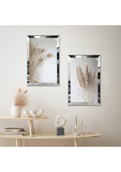 Gümüş Aynalı Pleksi Çerçeveli Gri Arka Planlı Kurutulmuş Çiçekler Dekoratif Ikili Mdf Tablo Seti fiyatları
