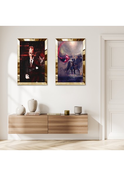 Gold Aynalı Pleksi Çerçeveli Atatürk Modern Ikili Mdf Tablo Seti