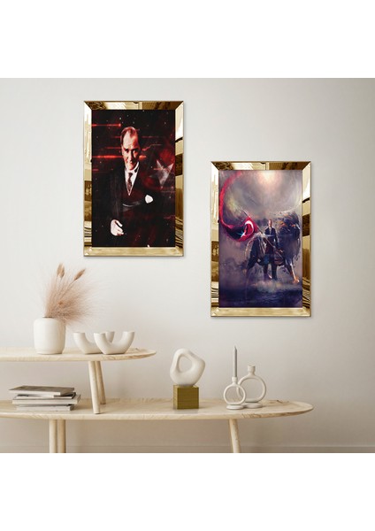 Gold Aynalı Pleksi Çerçeveli Atatürk Modern Ikili Mdf Tablo Seti fiyatları