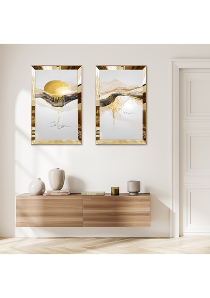 Gold Aynalı Pleksi Çerçeveli Beyaz Soyut Dağ Manzaralı Modern Ikili Mdf Tablo Seti