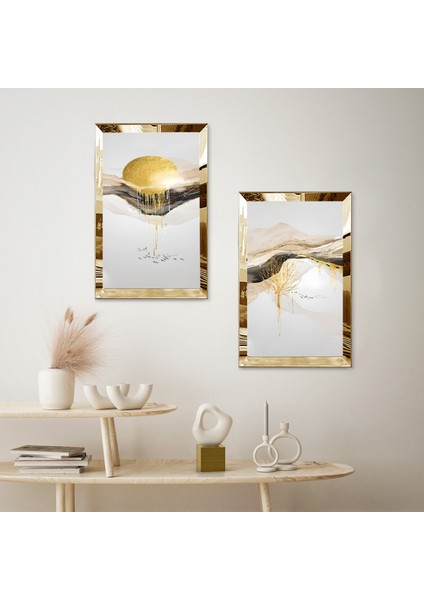 Gold Aynalı Pleksi Çerçeveli Beyaz Soyut Dağ Manzaralı Modern Ikili Mdf Tablo Seti fiyatları