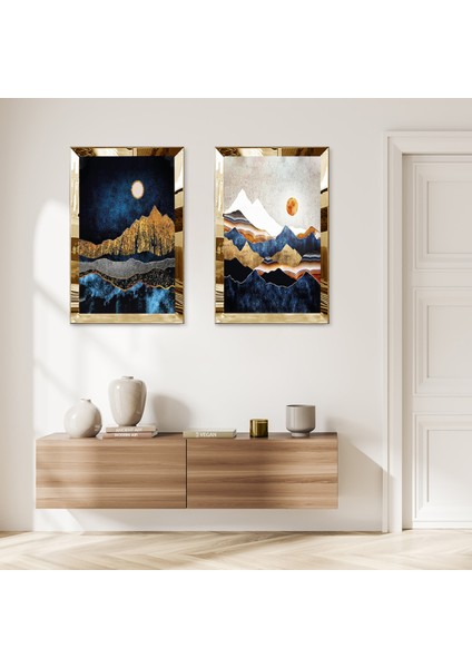 Gold Aynalı Pleksi Çerçeveli Gece Modern Dağ Manzaralı Dekoratif Ikili Mdf Tablo Seti