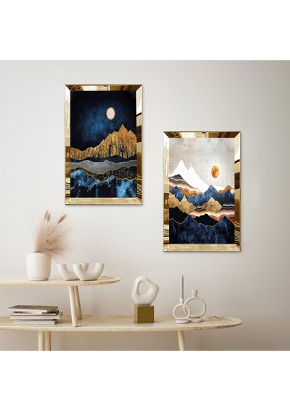 Gold Aynalı Pleksi Çerçeveli Gece Modern Dağ Manzaralı Dekoratif Ikili Mdf Tablo Seti fiyatları