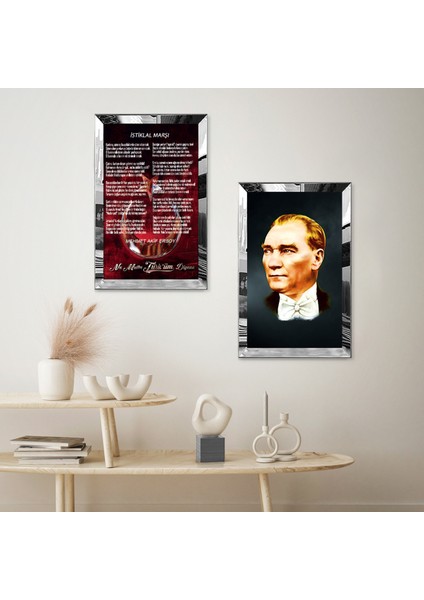 Gümüş Aynalı Pleksi Çerçeveli Istiklal Marşı ve Atatürk Dekoratif Ikili Mdf Tablo Seti fiyatları