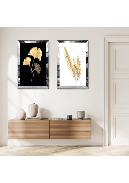 Gümüş Aynalı Pleksi Çerçeveli Siyah Beyaz Arka Planlı Gold Çiçek ve Yaprak Ikili Mdf Tablo Seti