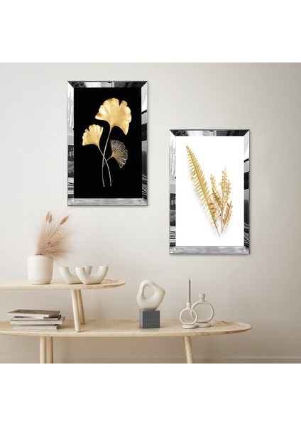Gümüş Aynalı Pleksi Çerçeveli Siyah Beyaz Arka Planlı Gold Çiçek ve Yaprak Ikili Mdf Tablo Seti fiyatları
