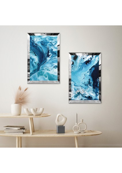 Gümüş Aynalı Pleksi Çerçeveli Dekoratif Mavi Dalgalar Ikili Mdf Tablo Seti fiyatları