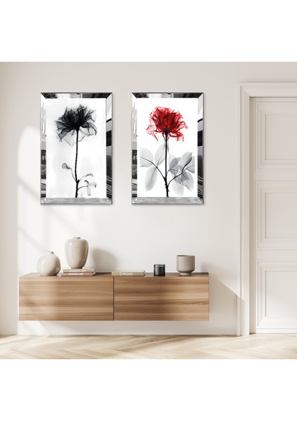 Gümüş Aynalı Pleksi Çerçeveli Beyaz Arka Planlı Kırmızı ve Siyah Güller Ikili Mdf Tablo Seti