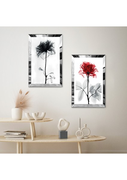 Gümüş Aynalı Pleksi Çerçeveli Beyaz Arka Planlı Kırmızı ve Siyah Güller Ikili Mdf Tablo Seti fiyatları