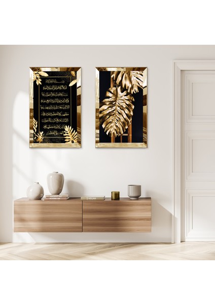 Gold Aynalı Pleksi Çerçeveli Gold Yapraklar ve Dini Ayet Ikili Mdf Tablo Seti