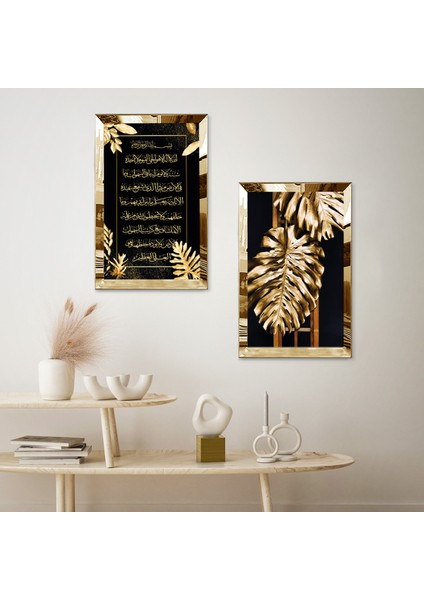 Gold Aynalı Pleksi Çerçeveli Gold Yapraklar ve Dini Ayet Ikili Mdf Tablo Seti fiyatları