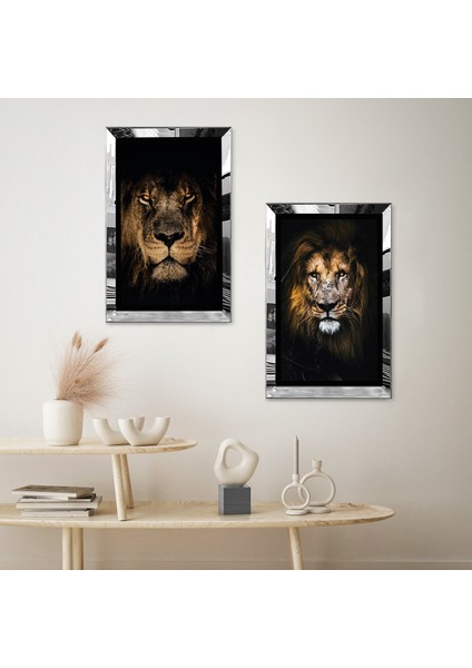 Gümüş Aynalı Pleksi Çerçeveli Siyah Arka Planlı Asil Aslan ve Yaşlı Aslan Ikili Mdf Tablo Seti fiyatları