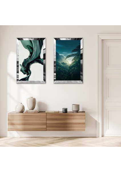 Gümüş Aynalı Pleksi Çerçeveli Bayaz Arka Planlı Yeşil Soyut Çiçekler Ikili Mdf Tablo Seti