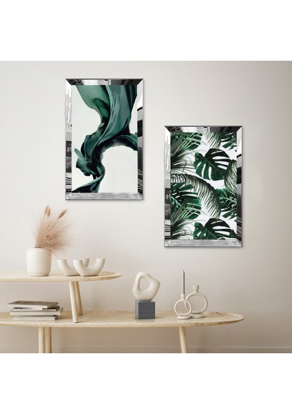 Gümüş Aynalı Pleksi Çerçeveli Bayaz Arka Planlı Yeşil Soyut Çiçekler Ikili Mdf Tablo Seti fiyatları