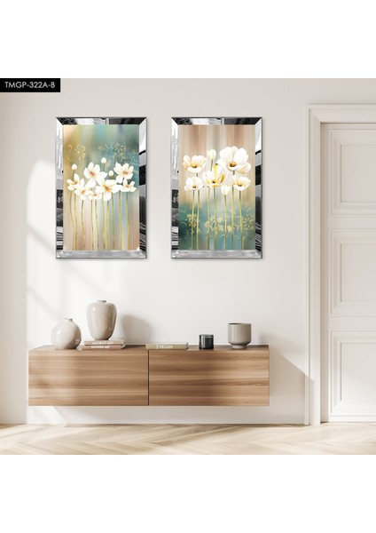 Gümüş Aynalı Pleksi Çerçeveli Renkli Arka Planlı Soyut Bitkiler Dekoratif Ikili Mdf Tablo Seti