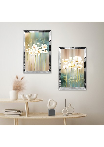 Gümüş Aynalı Pleksi Çerçeveli Renkli Arka Planlı Soyut Bitkiler Dekoratif Ikili Mdf Tablo Seti fiyatları