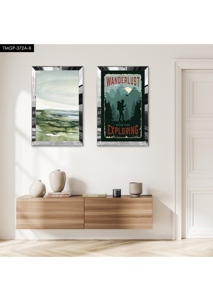 Gümüş Aynalı Pleksi Çerçeveli Modern Afiş ve Yeşil Deniz Manzaralı Dekoratif Ikili Mdf Tablo Seti