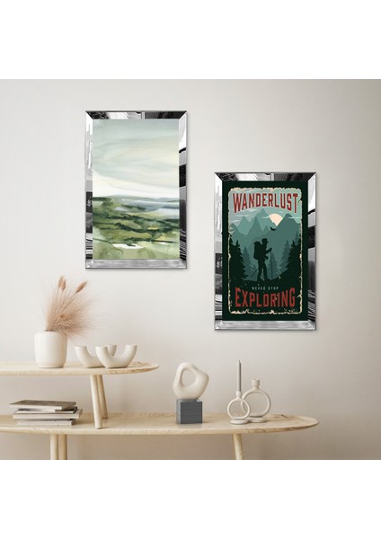 Gümüş Aynalı Pleksi Çerçeveli Modern Afiş ve Yeşil Deniz Manzaralı Dekoratif Ikili Mdf Tablo Seti fiyatları