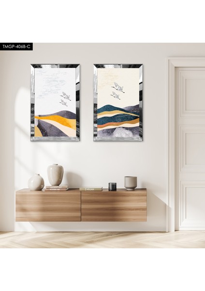 Gümüş Aynalı Pleksi Çerçeveli Dağın Üstünde Uçan Kuşlar Ikili Mdf Tablo Seti