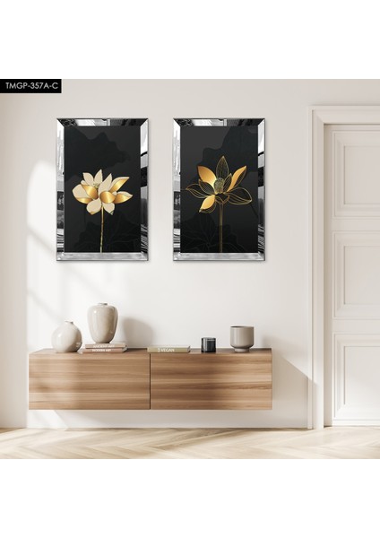 Gümüş Aynalı Pleksi Çerçeveli Siyah Arka Planlı Gold Çiçek Dekoratif Ikili Mdf Tablo Seti