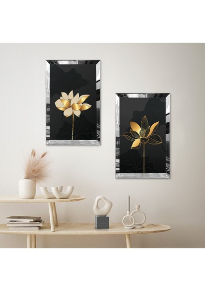 Gümüş Aynalı Pleksi Çerçeveli Siyah Arka Planlı Gold Çiçek Dekoratif Ikili Mdf Tablo Seti fiyatları